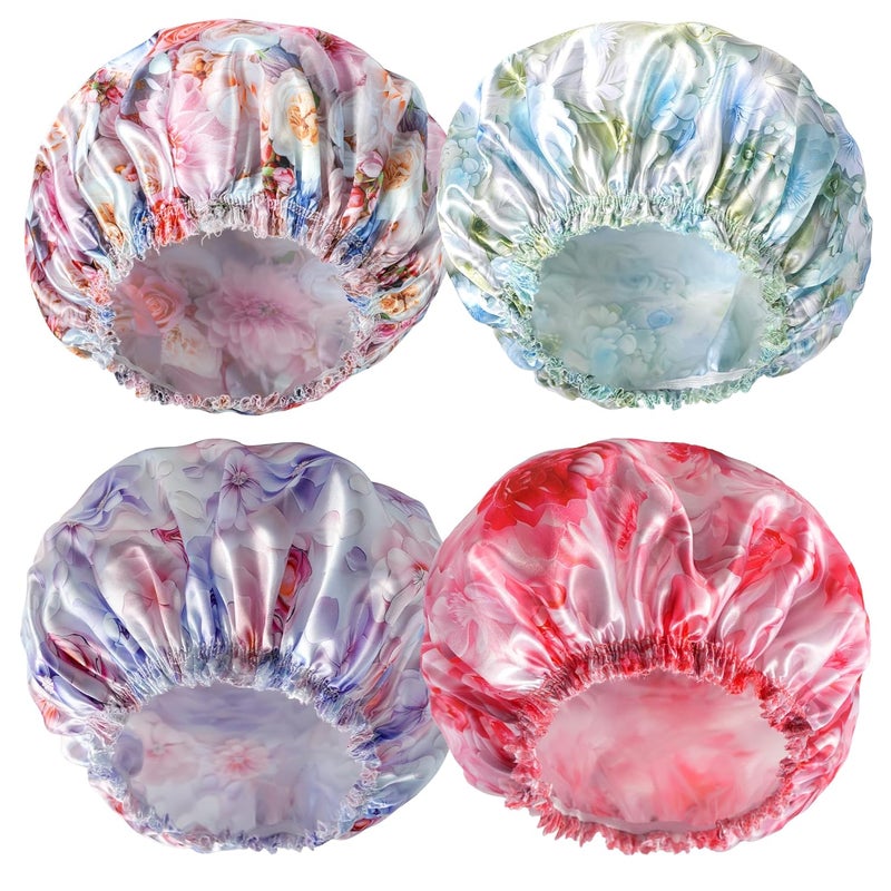CHFONG 4 PCS Shower Caps for Women, Printing Bath Caps, Double Layers Shower Cap Reusable Waterproof, Bathing Shower Caps, Environmental Protection Hair Bath Hat - Flower - Image 1